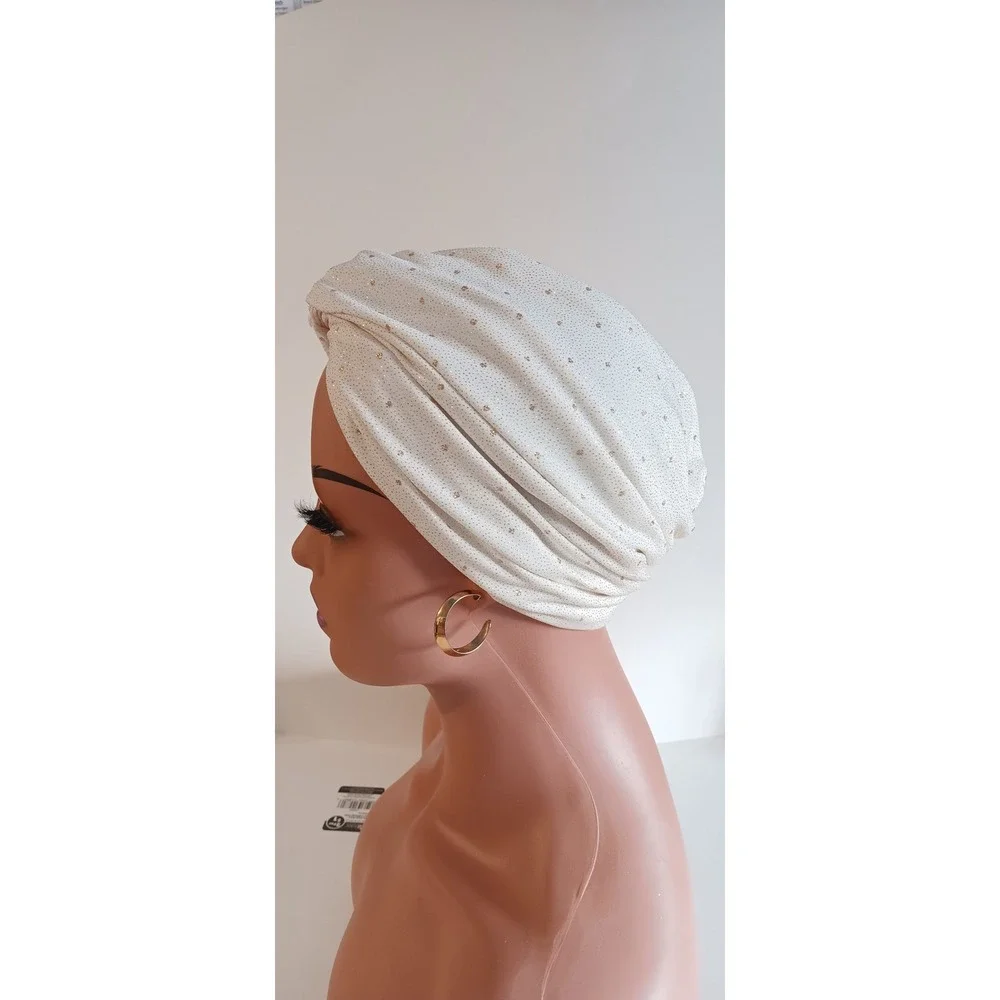 Ivory Glitter Shimmer Stretch Turban Headpiece Front Twist Hijab Cap Modest